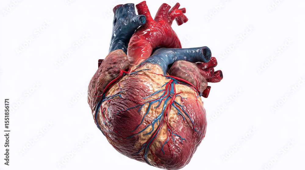 Naklejka premium Experience the stunning details of a human heart displayed in vivid realism, highlighting the complex network of arteries and veins in an educational and scientific context