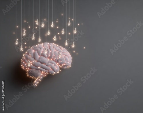 An illuminated brain with hovering light bulbs, each denoting a creative idea, full of vitality and dynamism, stock
