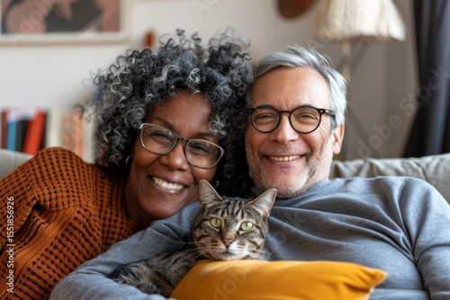 Portrait of a joyful multiethnic couple in their 60s relaxing with their cat on the sofa