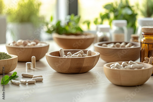 Wallpaper Mural Generative AI still life of natural supplement and medicine on wooden table with sunlight Torontodigital.ca