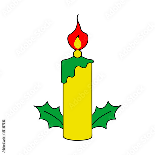 outline vector illustration of a candle with holly