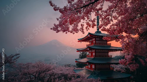 Traditional Japanese Pagoda Amidst Cherry Blossoms at Sunset with Mountain View in the Background