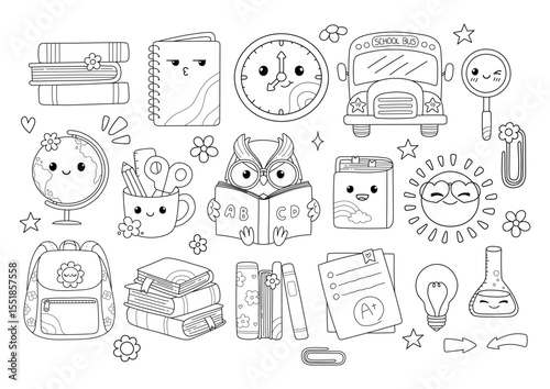 Cute Back to School, Teacher Elements Doodle Cartoon Style Hand Drawn Outline Coloring Page Vector