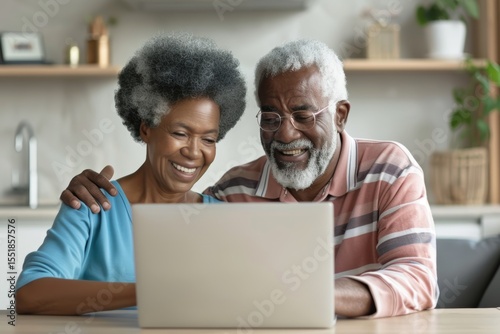 Portrait of a blissful afro-american couple in their 60s using a laptop together