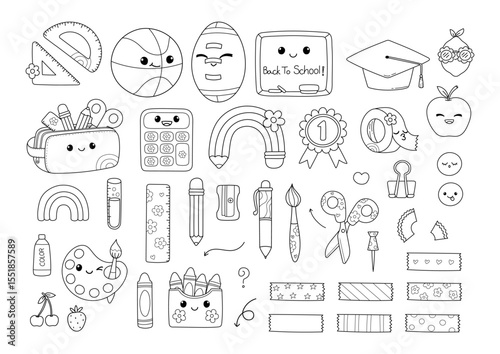 Cute Back to School, Teacher Elements Doodle Cartoon Style Hand Drawn Outline Coloring Page Vector