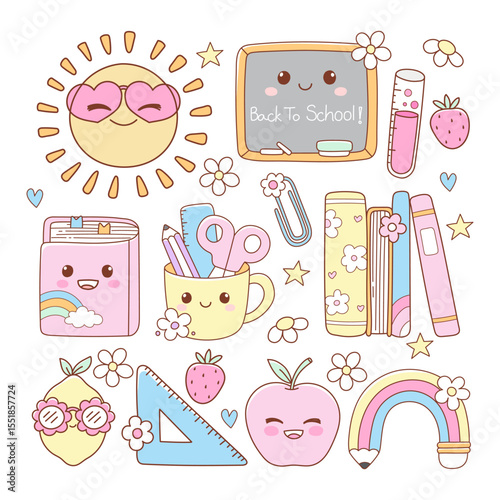 Cute Back to School, Teacher Elements Doodle Cartoon Style Hand Drawn Vector