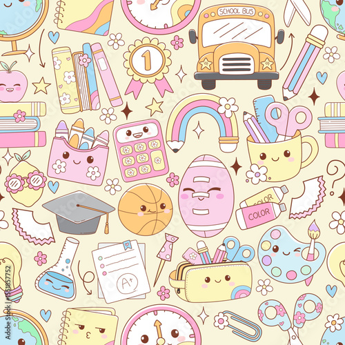 Cute Back to School, Teacher Elements Seamless Pattern Isolated Hand Drawn Design for Fabric Digital paper Vector