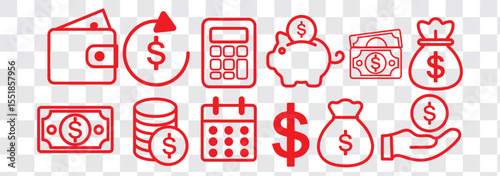 Finance icon set: coins, piggy bank, growth chart, calculator, wallet, money bag, dollar symbol, investment