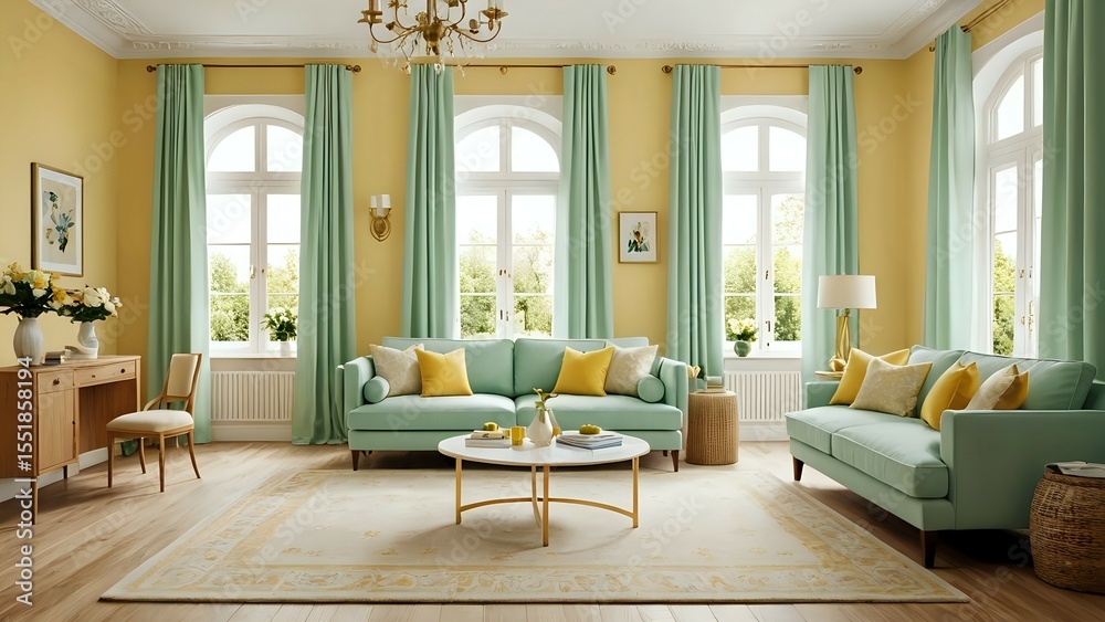 Fototapeta premium A stylish living room interior with mint green furniture and yellow walls.