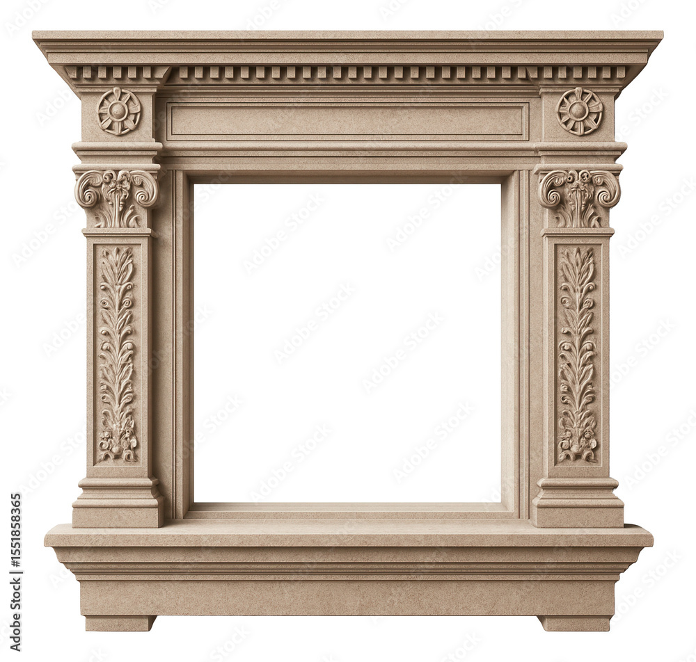 Fototapeta premium Limestone exterior window trims with intricate detailing suitable for a grand colonial mansion.