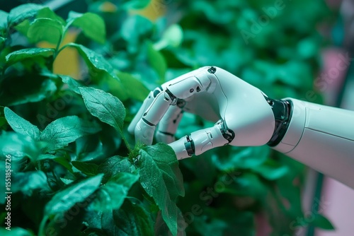 Artificial intelligence farmer robot tending plants in a green field.