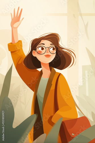 Young woman in glasses waving hand, modern illustration