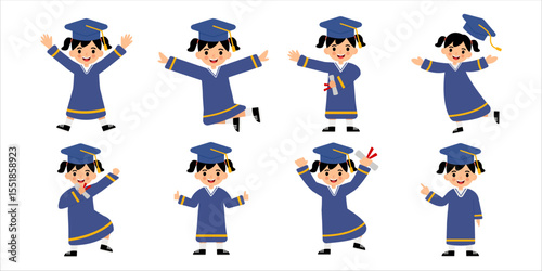 Graduation Girl Wearing Cap and School Uniform  Flat Illustration