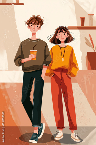 Two people in casual outfits enjoying drinks in a coffee shop