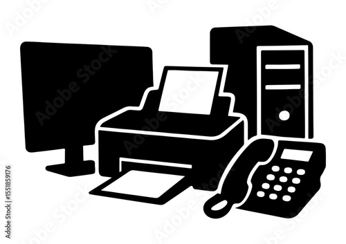 Office equipment silhouettes, functional design, black and white colors, represents workplace tools.