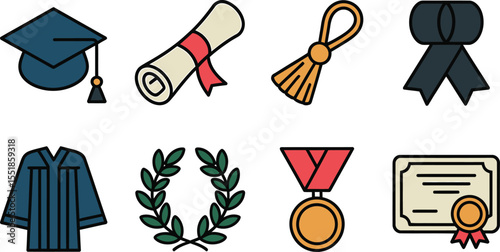 Graduation Icons Caps, Diplomas, and Awards for Celebration