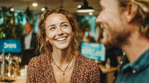 Two coworkers share a laugh in a sunlit coworking space, candid moment that feels warm, real, and modern.