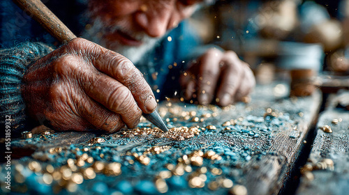 Close‑up of experienced hands assembling delicate golden jewelry on a wooden bench under warm, vintage light.