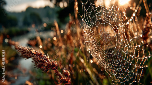 Close-up of dew-laced spider web glowing in sunrise light over a calm meadow, sparkling with delicate bokeh.