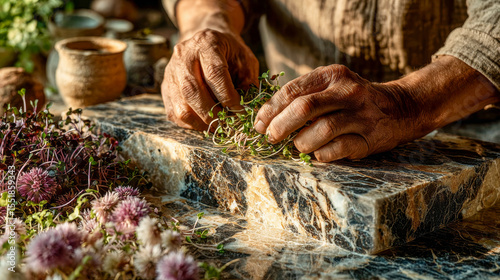 Top‑down of hands artfully arranging colorful microgreens on a marble surface in gentle morning light.