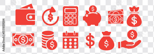 Finance icon set: coins, piggy bank, growth chart, calculator, wallet, money bag, dollar symbol, investment