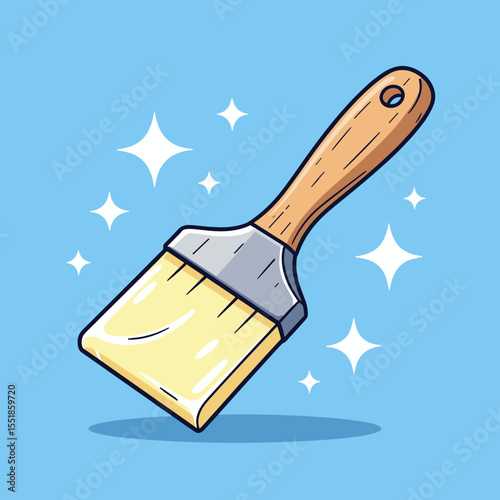 Illustration of a Paint Brush with Wooden Handle and Yellow Bristles on Blue Background