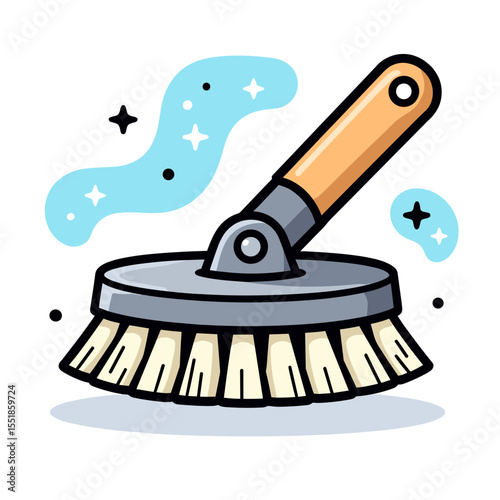 Cartoon Cleaning Brush with Wooden Handle and Blue Sparkling Water Illustration for Hygiene