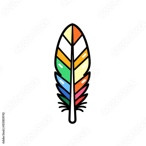 Colorful Feather Illustration with Black Outline and Rainbow Segments on a White Background