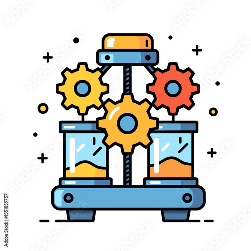 Colorful Machine with Gears and Liquid Filled Beakers Flat Vector Illustration for Science or Industry