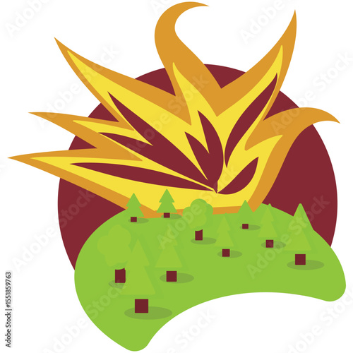 Forest fire natural disaster vector. Wildfire icon. Wild tree and flame scene isolated. Nature apocalypse bushfire landscape illustration on white background