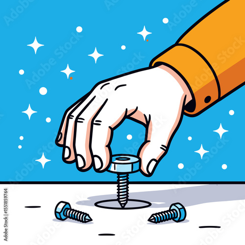 Hand Placing a Bolt into a Hole with Other Bolts Nearby, Illustration on a Starry Blue Background