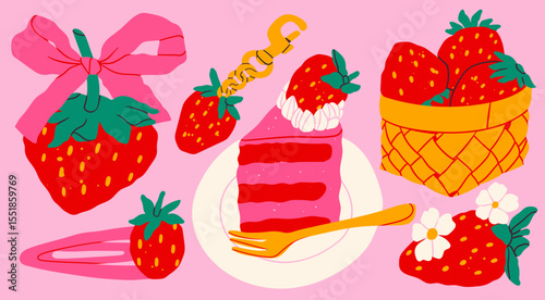 Strawberry set. Berry with bow ribbon, strawberry keychain, hair clip, basket with berries, cheesecake on plate. Hand drawn Vector illustration. Isolated design elements. Summer fresh sweets concept