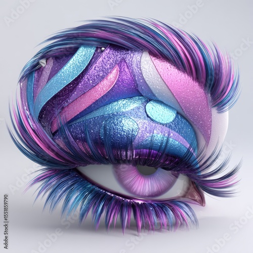 Stock image of a human eye adorned with makeup and paint splatters on a white backdrop