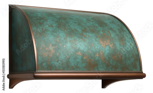 Copper window awning with a patina finish, lending a timeless elegance to a historic mansion.