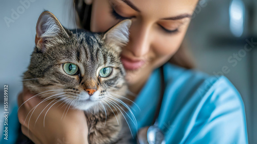 In a calming veterinary clinic, a compassionate vet nurse embraces a scared cat, offering gentle reassurance. The feline seeks comfort in her warm presence, creating a bond of trust