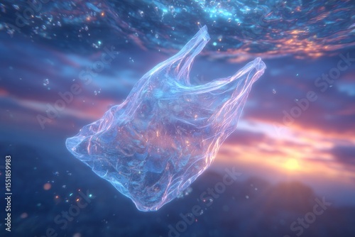 A plastic bag drifting in the serene ocean waters is set against the stunning backdrop of a sunset, serving as a powerful symbol to highlight the issue of plastic pollution and its detrimental