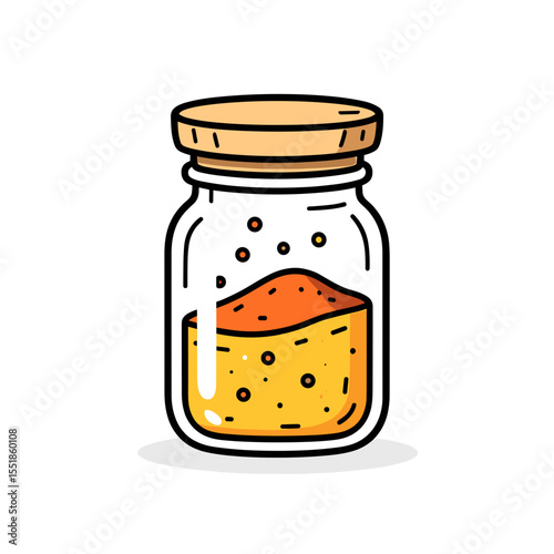 Cartoon Illustration of a Glass Jar Filled with Orange Powder and a Wooden Lid, Isolated on White Background