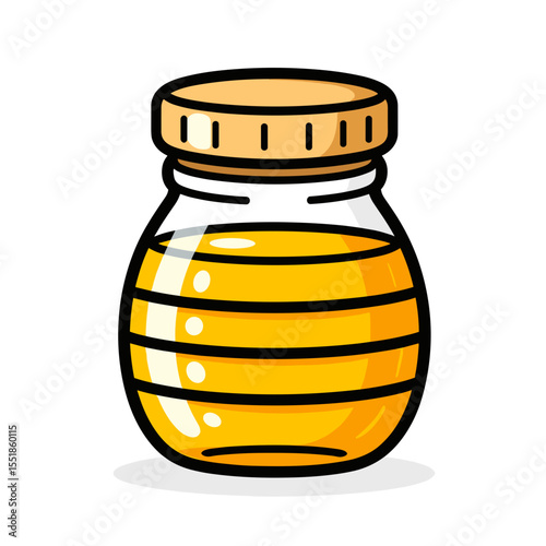 Illustration of a Clear Glass Jar Filled with Golden Honey and a Wooden Lid, Isolated on White