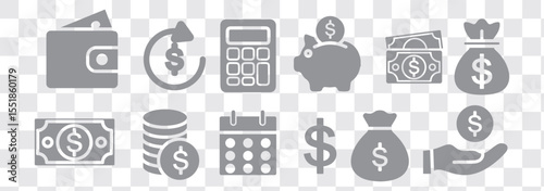 Finance icon set: coins, piggy bank, growth chart, calculator, wallet, money bag, dollar symbol, investment
