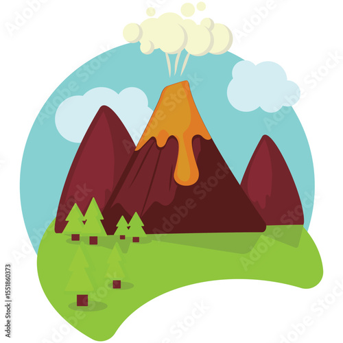 Volcano eruption vector cartoon illustration. Volcanic mountain explosion with magma, lava, ash and smoke landscape icon isolated on white background