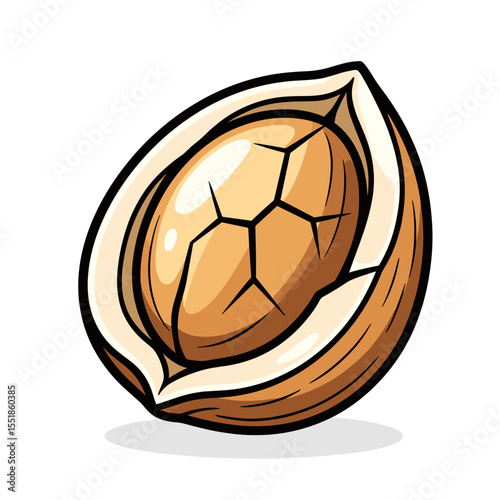 Cartoon Illustration of a Cracked Nut with Visible Kernel and Shell Details