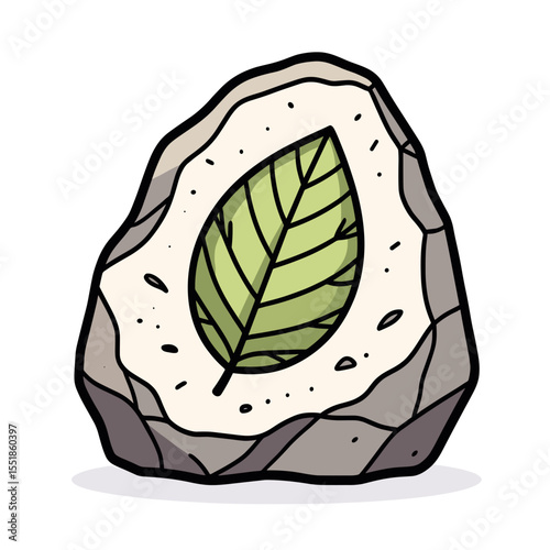 Stylized Cartoon Leaf Fossil Encased in a Rock Illustration with Detailed Veins and Natural Stone Texture