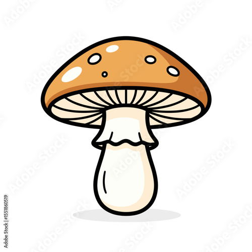Cartoon Illustration of a Brown Mushroom with White Stem and Gills, Isolated on White Background