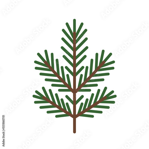 Simple Flat Vector Illustration of a Green Spruce Tree Branch with Brown Stem on White Background