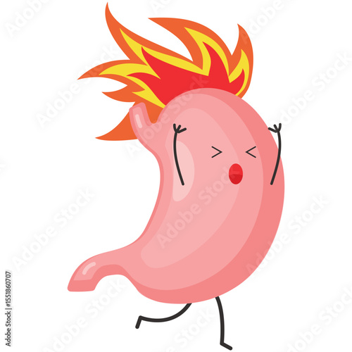Stomach heartburn. Gastritis icon. Esophageal fire reflux or gastric ache icon. Abdomen problem illustration. Burning face character with screaming emotion on face isolated on white background