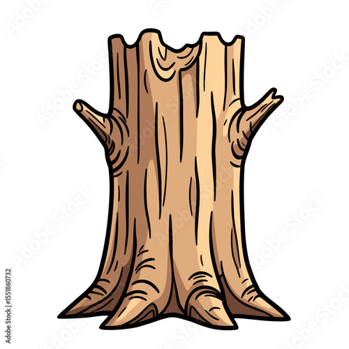 Cartoon Illustration of a Tree Stump with Visible Wood Grain and Bark Texture on a White Background