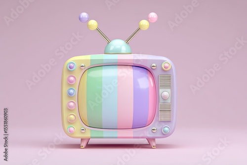 A gradient pastel colors background serves as the setting for a holographic metallic 3D retro television