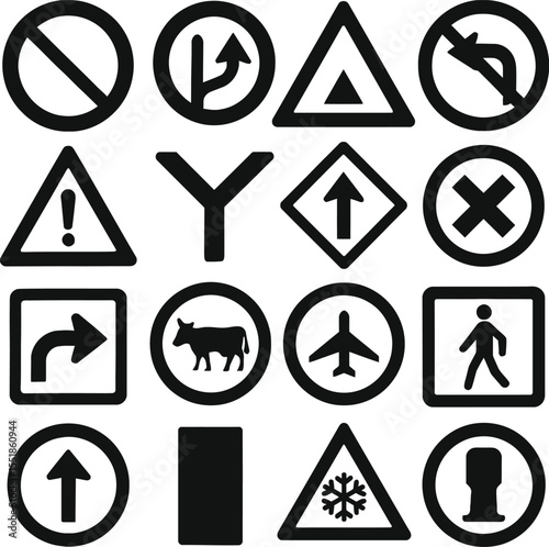 Vector set of yellow warning signs with hazard symbols on white background