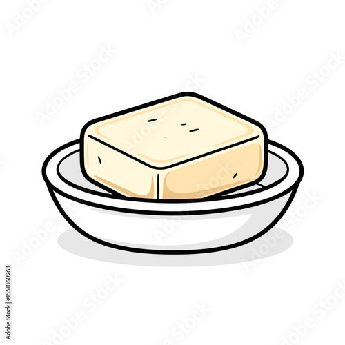Illustration of a Bar of Soap on a White Soap Dish, Cleanliness and Hygiene Concept