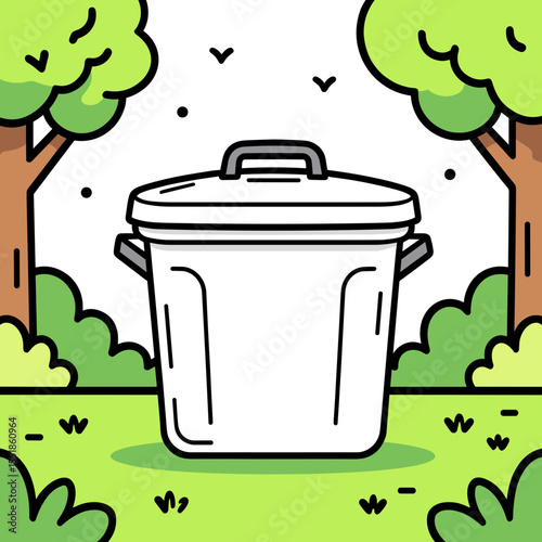 Cartoon Illustration of a White Trash Can in a Park Setting Promoting Environmental Awareness and Cleanliness